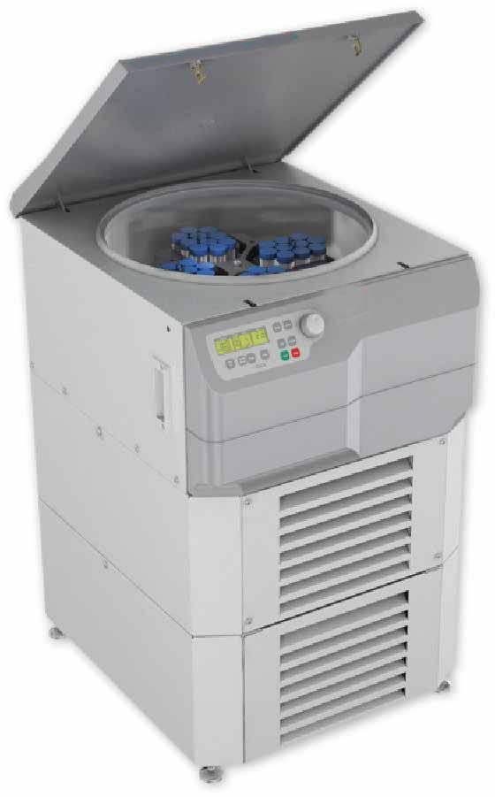 Laboratory centrifuge with open lid on a white background